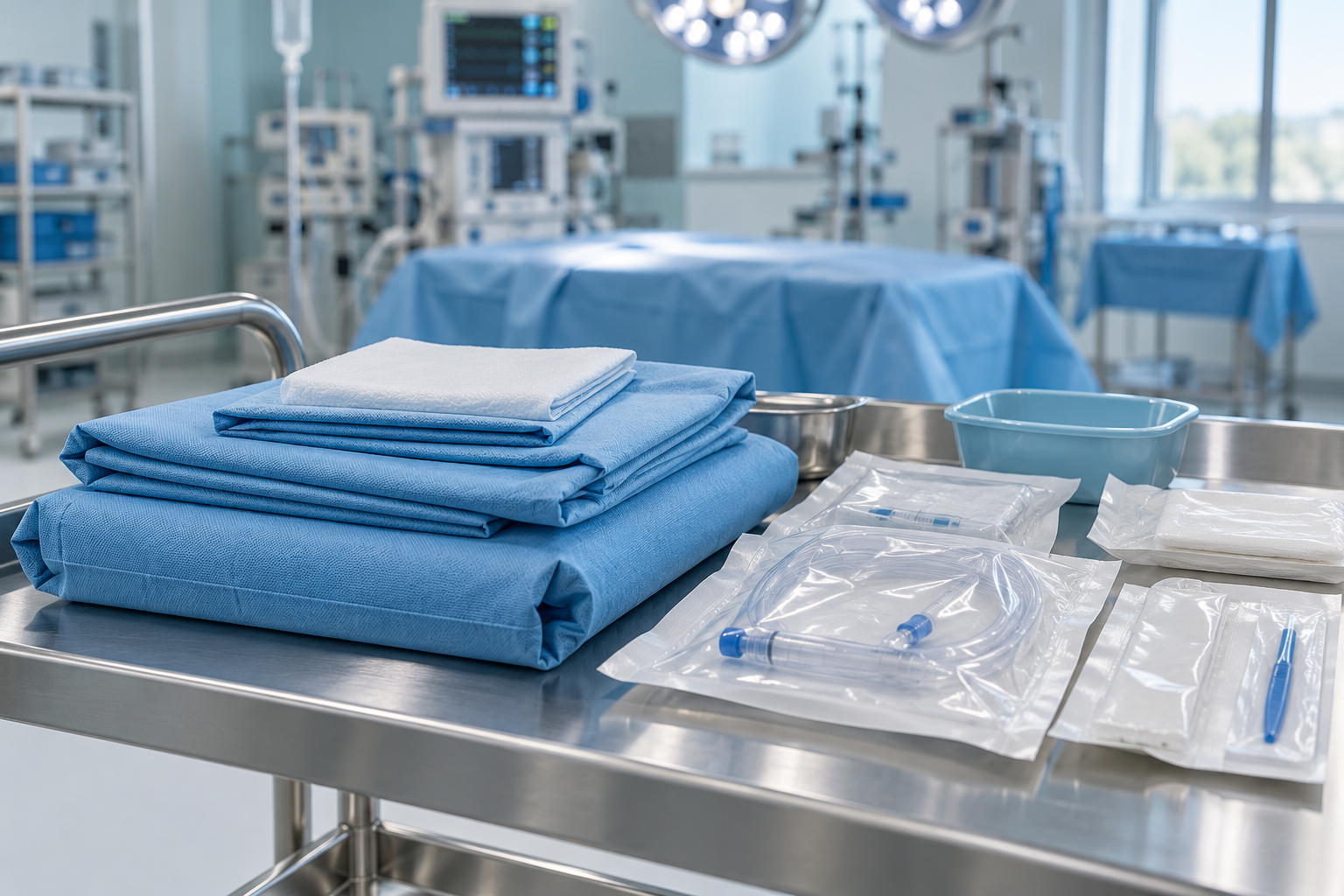 Illustrative hospital setting with single-use medical supplies and surgical drapes